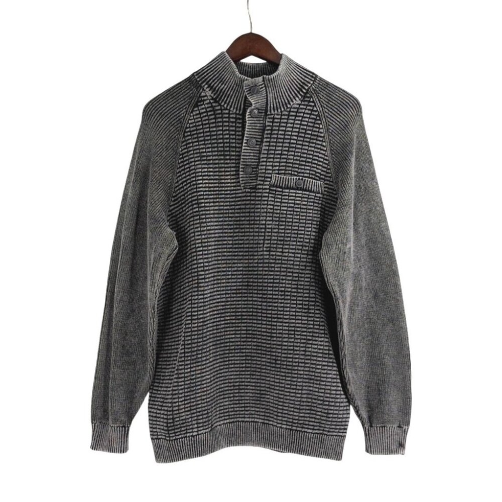 Carbon2Cobalt Mens Large Fisherman Henley Gray Cotton Cable Knit Sweater Edgy